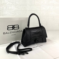 BALENCİAGA HOURGLASS SMALL TOP HANDLE BAG HAKİKİ MAT DERİ KROKO BAYAN ÇANTA SİYAH