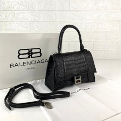 BALENCİAGA HOURGLASS SMALL TOP HANDLE BAG HAKİKİ MAT DERİ KROKO BAYAN ÇANTA SİYAH