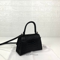 BALENCİAGA HOURGLASS SMALL TOP HANDLE BAG HAKİKİ MAT DERİ KROKO BAYAN ÇANTA SİYAH