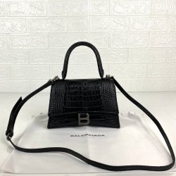 BALENCİAGA HOURGLASS SMALL TOP HANDLE BAG HAKİKİ MAT DERİ KROKO BAYAN ÇANTA SİYAH