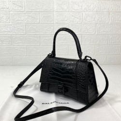 BALENCİAGA HOURGLASS SMALL TOP HANDLE BAG HAKİKİ MAT DERİ KROKO BAYAN ÇANTA SİYAH
