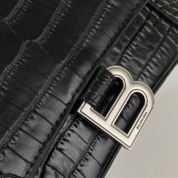 BALENCİAGA HOURGLASS SMALL TOP HANDLE BAG HAKİKİ MAT DERİ KROKO BAYAN ÇANTA SİYAH