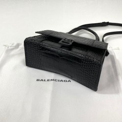BALENCİAGA HOURGLASS SMALL TOP HANDLE BAG HAKİKİ MAT DERİ KROKO BAYAN ÇANTA SİYAH