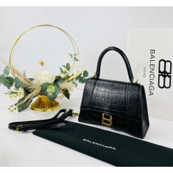 BALENCİAGA HOURGLASS SMALL TOP HANDLE BAG HAKİKİ MAT DERİ KROKO BAYAN ÇANTA SİYAH