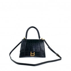 BALENCİAGA HOURGLASS SMALL TOP HANDLE BAG HAKİKİ MAT DERİ KROKO BAYAN ÇANTA SİYAH