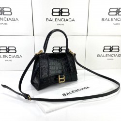 BALENCİAGA HOURGLASS SMALL TOP HANDLE BAG HAKİKİ PARLAK DERİ KROKO BAYAN ÇANTA SİYAH