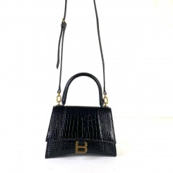 BALENCİAGA HOURGLASS SMALL TOP HANDLE BAG HAKİKİ PARLAK DERİ KROKO BAYAN ÇANTA SİYAH