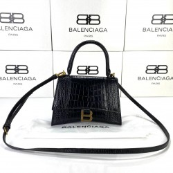 BALENCİAGA HOURGLASS SMALL TOP HANDLE BAG HAKİKİ PARLAK DERİ KROKO BAYAN ÇANTA SİYAH