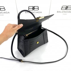 BALENCİAGA HOURGLASS SMALL TOP HANDLE BAG HAKİKİ PARLAK DERİ KROKO BAYAN ÇANTA SİYAH