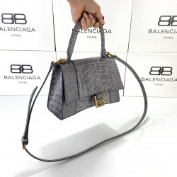 BALENCİAGA HOURGLASS SMALL TOP HANDLE BAG HAKİKİ DERİ KROKO BAYAN ÇANTA GRİ