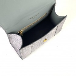 BALENCİAGA HOURGLASS SMALL TOP HANDLE BAG HAKİKİ DERİ KROKO BAYAN ÇANTA GRİ