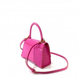 BALENCİAGA HOURGLASS SMALL TOP HANDLE BAG HAKİKİ DERİ KROKO BAYAN ÇANTA FUŞYA