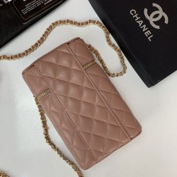 CHANEL CLASSİC VANİTY PHONE HOLDER CHAİN BAG HAKİKİ DERİ PUDRA PEMBESİ TELEFONLUK