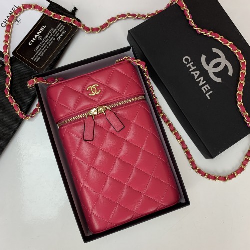 CHANEL CLASSİC VANİTY PHONE HOLDER CHAİN BAG HAKİKİ DERİ FUŞYA TELEFONLUK