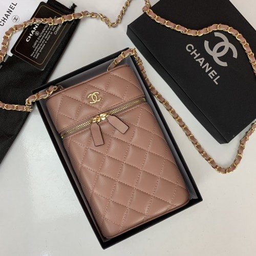 CHANEL CLASSİC VANİTY PHONE HOLDER CHAİN BAG HAKİKİ DERİ PUDRA PEMBESİ TELEFONLUK