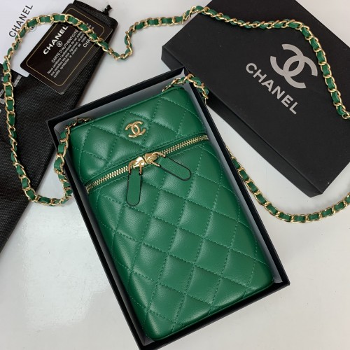 CHANEL CLASSİC VANİTY PHONE HOLDER CHAİN BAG HAKİKİ DERİ YEŞİL TELEFONLUK