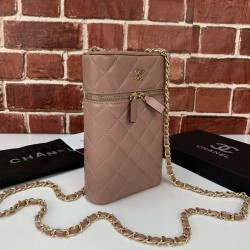 CHANEL CLASSİC VANİTY PHONE HOLDER CHAİN BAG HAKİKİ DERİ PUDRA PEMBESİ TELEFONLUK
