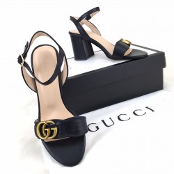 GUCCİ MİD-HEEL GG SANDALS HAKİKİ DERİ BAYAN SANDALET SİYAH