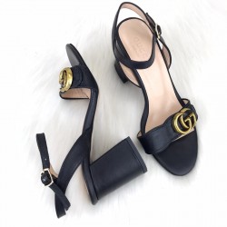 GUCCİ MİD-HEEL GG SANDALS HAKİKİ DERİ BAYAN SANDALET SİYAH