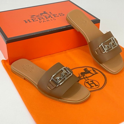 HERMES VİLLA SANDALS HAKİKİ DERİ BAYAN TERLİK TABA