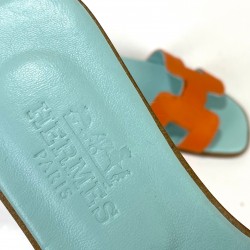 HERMES ORAN SANDALS HAKİKİ DERİ BAYAN TERLİK  TURKUAZ/TURUNCU