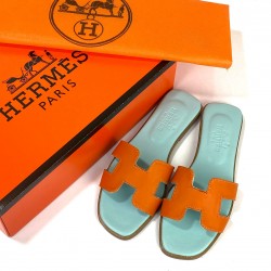 HERMES ORAN SANDALS HAKİKİ DERİ BAYAN TERLİK  TURKUAZ/TURUNCU
