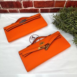 HERMES KELLY CUT CLUTCH %100 HAKİKİ DERİ TURUNCU NİKEL DETAYLI  BAYAN ÇANTA 