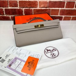HERMES KELLY CUT CLUTCH %100 HAKİKİ DERİ GRİ GOLD DETAYLI  BAYAN ÇANTA 