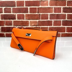 HERMES KELLY CUT CLUTCH %100 HAKİKİ DERİ TURUNCU NİKEL DETAYLI  BAYAN ÇANTA 