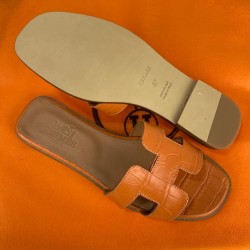 HERMES ORAN SANDALS CROCO HAKİKİ DERİ BAYAN TERLİK TURUNCU