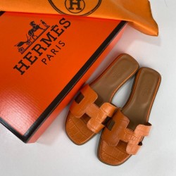 HERMES ORAN SANDALS CROCO HAKİKİ DERİ BAYAN TERLİK TURUNCU