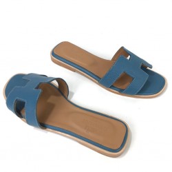 HERMES ORAN SANDALS EPSON HAKİKİ DERİ BAYAN TERLİK MAVİ