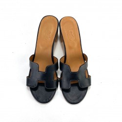 HERMES OASİS SANDALS HAKİKİ DERİ TOPUKLU TERLİK SİYAH