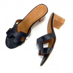 HERMES OASİS SANDALS HAKİKİ DERİ TOPUKLU TERLİK SİYAH
