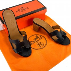 HERMES OASİS SANDALS HAKİKİ DERİ TOPUKLU TERLİK SİYAH