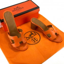 HERMES OASİS SANDALS HAKİKİ DERİ TOPUKLU TERLİK TURUNCU