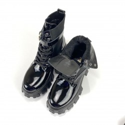 PRADA ANKLE POUCH COMBAT BOOT PATENT LEATHER