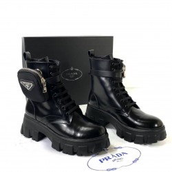 PRADA ANKLE POUCH COMBAT BOOTS BRUSHED LEATHER