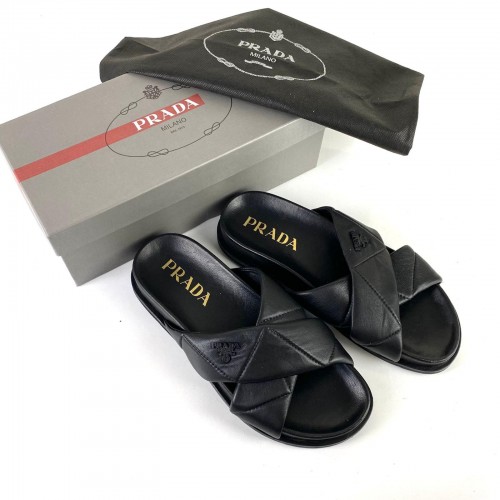 PRADA LOGO NAPPA QUİLTED SLİDES HAKİKİ DERİ BAYAN TERLİK SİYAH