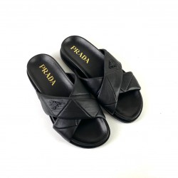 PRADA LOGO NAPPA QUİLTED SLİDES HAKİKİ DERİ BAYAN TERLİK SİYAH