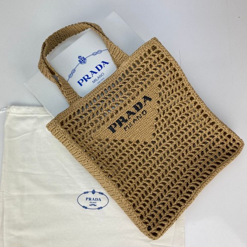 PRADA RAFFİA CROCHET TOTE BAG EL ÖRGÜSÜ BAYAN ÇANTA KUM BEJİ