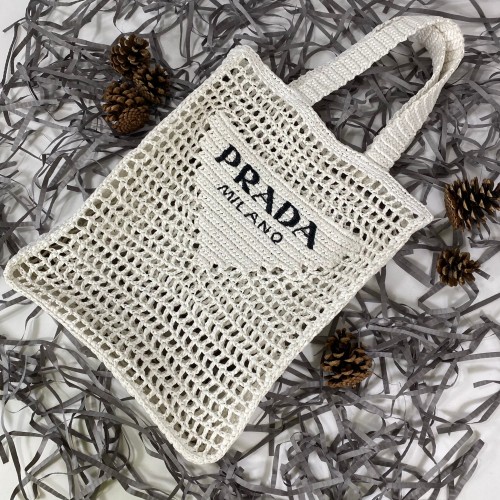 PRADA RAFFİA CROCHET TOTE BAG EL ÖRGÜSÜ BAYAN ÇANTA BEYAZ