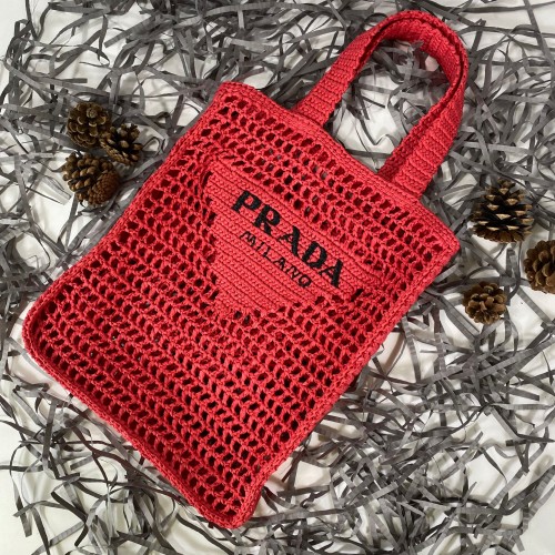 PRADA RAFFİA CROCHET TOTE BAG EL ÖRGÜSÜ BAYAN ÇANTA KIRMIZI